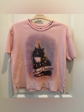Free People Pink 'Merry Christmas' Cat Graphic Tee